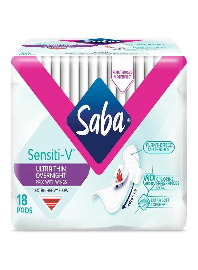 Saba Kombucha Saba Sensiti-V Ultra Thin Overnight Pads, 72 Count (4 Packs of 18) - Image 1